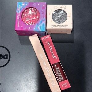Colourpop makeup set, super shock eye, supershock blush, glowing lip and inkling